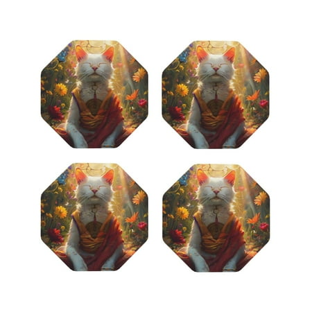 

Leather Coasters Set of 4 - Sunshine Flower Meditating Cat Lightweight Non-Slip Drink Coasters for Desk Anti-Scalding Desk Cup Coasters for Office Table Decor Octagon