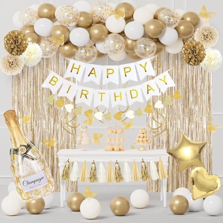 White and Gold Birthday Party Decorations Kit for Women Girls Gold White Sand Confetti Foil Balloons Happy Birthday Banner Fringe Curtains Butterfly Garland Baptism Communion Supplies