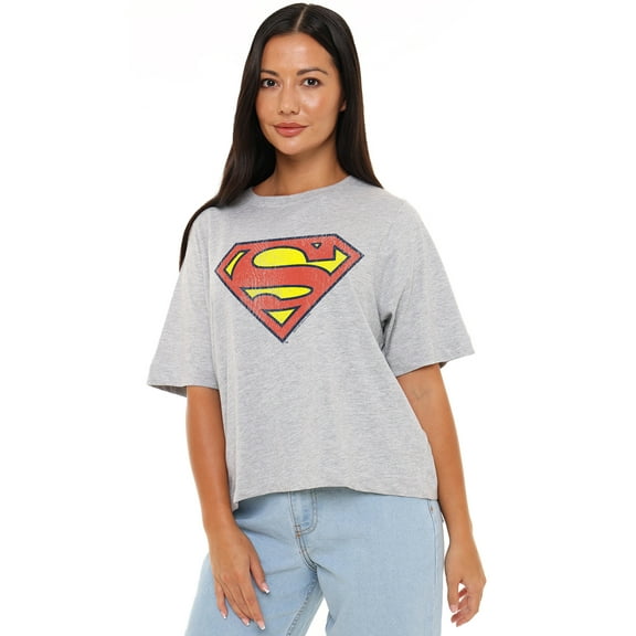 Superman Retro Supes Logo Distressed Women's Boxy Cropped T-Shirt Casual Graphic Tee