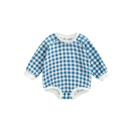 

Calsunbaby Toddler Baby Boys Girls Romper Round Neck Long Sleeve One Piece Snap Closure Plaid Jumpsuit Bodysuit Blue 6-12 Months