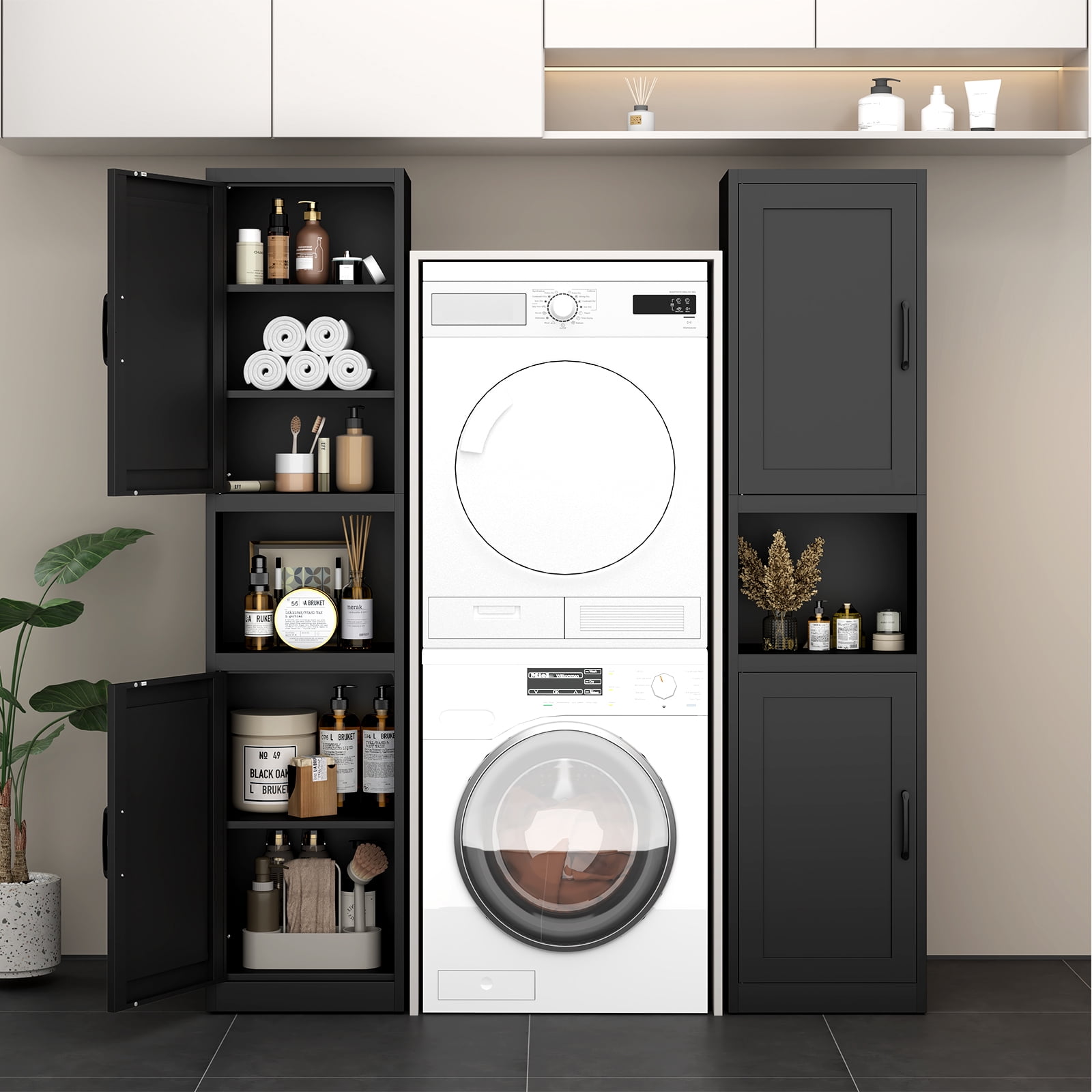 Tall Narrow Bathroom Storage Cabinet - Metal Pantry Cabinet, Slim Cabinet for Small Spaces, Bathroom, Kitchen, Living Room, Dining Room(16 inches Wide Black)