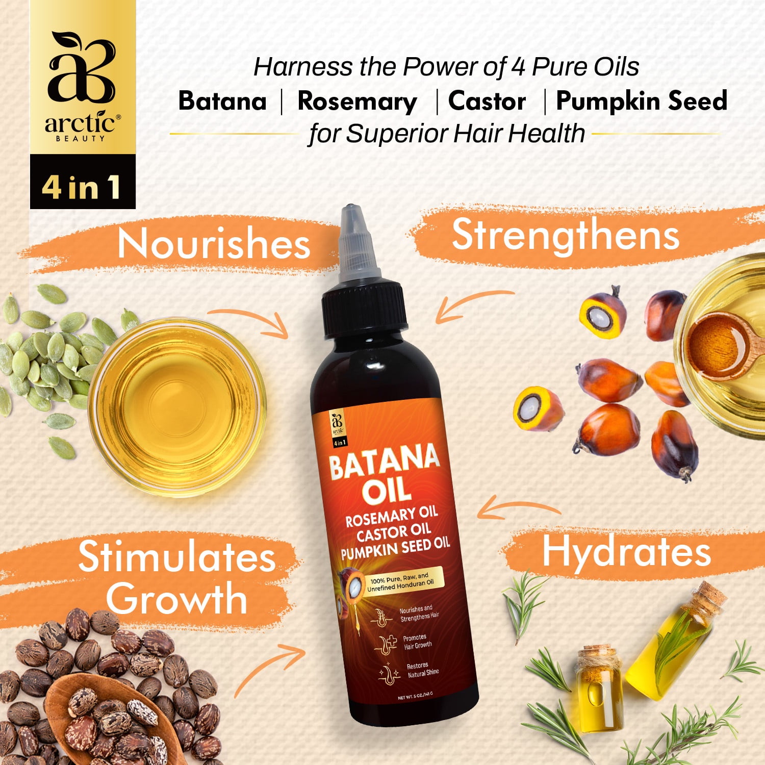 Arctic Beauty Batana Oil, Organic Hair & Scalp Care with Rosemary, Castor & Pumpkin Seed Oil, 5 oz