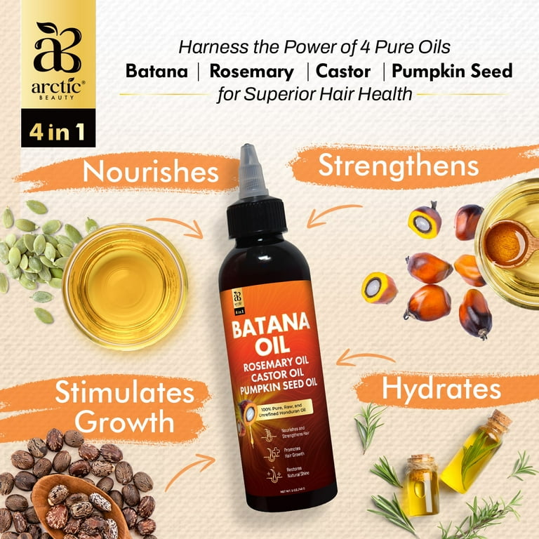 Pure Batana Oil for Hair Growth, 4-in-1 Unrefined Honduran Oil w/ Rosemary, Castor, and Pumpkin Seed Oil, Nourishes, Strengthens, and Promotes Healthy Hair, Organic Oil for Hair and Scalp Care (5oz)