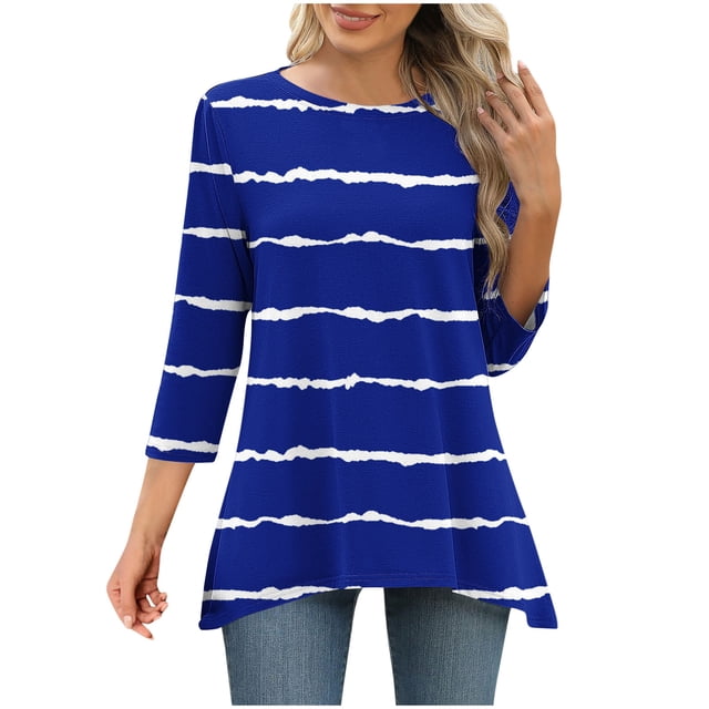 UNITWRY Hauts à Manches 3/4 pour Femmes Blouses Habillées Tunique Col Rond Chemise Décontractée Imprimée Chandail