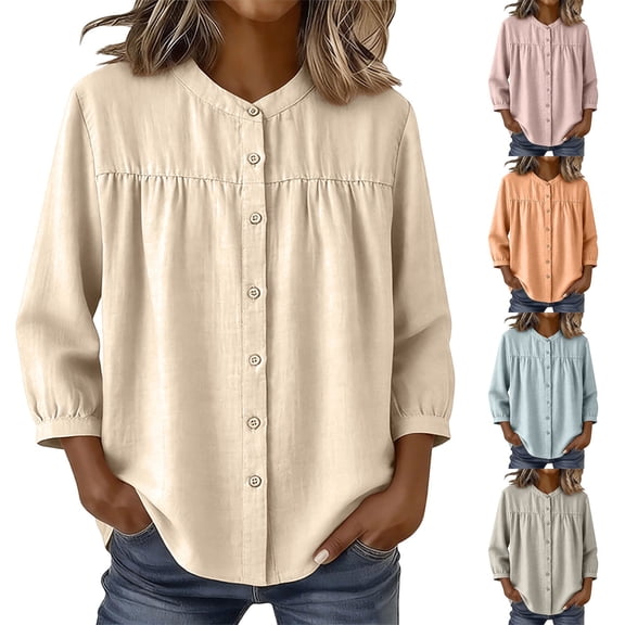 Bixock Women's Maternity Tops 3/4 Sleeve Button Down Maternity Shirts Crew Neck Maternity Blouse Soft Breathable Pregnant Tops Comfortable Maternity Clothings