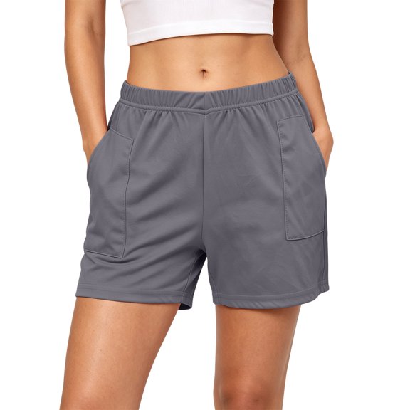 Gamivast Shorts for Women Elastic Waist Soft Stretch Lightweight Shorts with Patch Pockets Relaxed Fit Gym Workout Lounge Travel Summer Bottoms Gray L