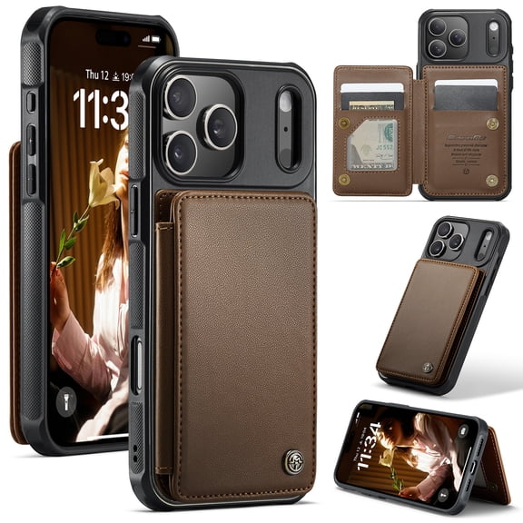 For iPhone 17 Pro Case with Card Holder, Wallet Flip Cover Case with RFID Blocking, Durable Leather Kickstand Magnetic Clasp Shockproof Phone Case for Women Men,Brown