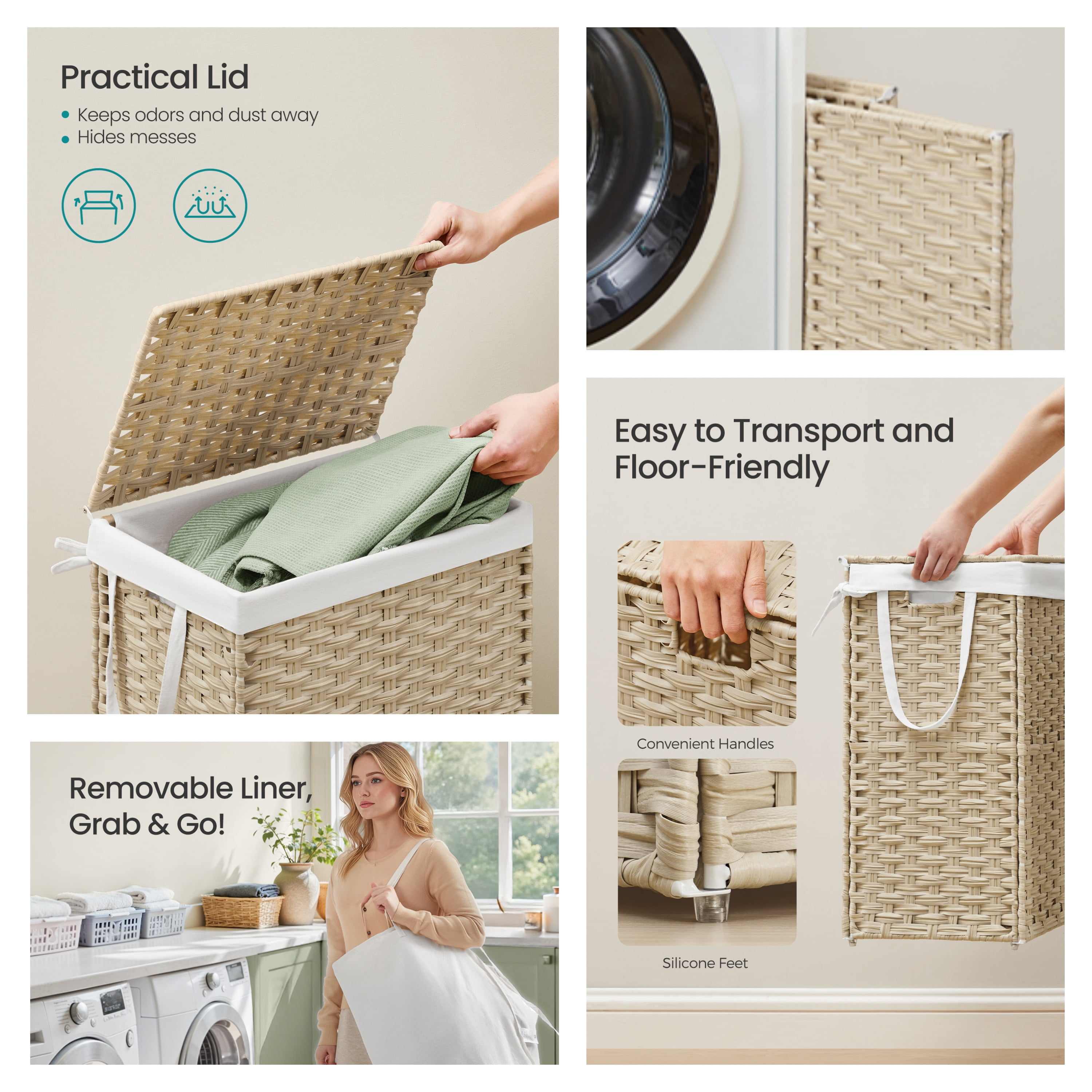LEDREM Laundry Hamper with Lid, 23.8 Gallon Large Clothes Basket with Handles & Removable Liner, Synthetic Rattan with Metal Frame, Foldable & Ventilated, Summer Sand