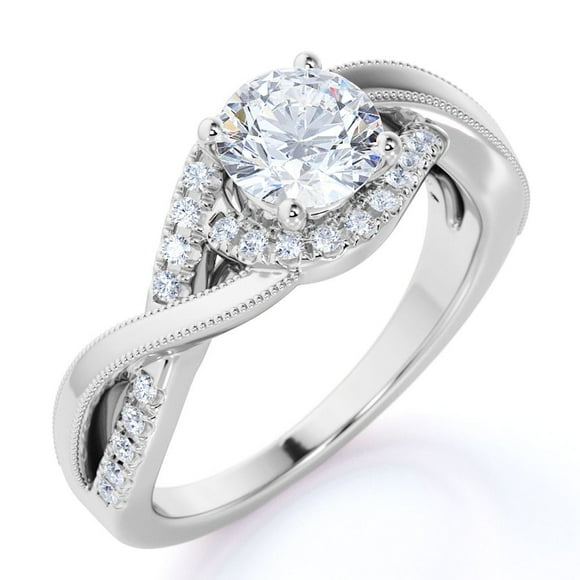JeenMata Bague de Fiançailles Infini Taille Ronde 1 Carat - Anneau Torsadé Pavé Milgrain - Or Blanc 18K Plaqué sur Argent