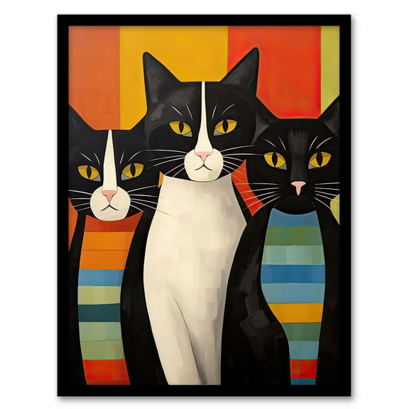 Cat Mafia Mob Portrait Orange Blue Green Whimsical Oil Painting Art Print Framed Poster Wall Decor 12x16 inch