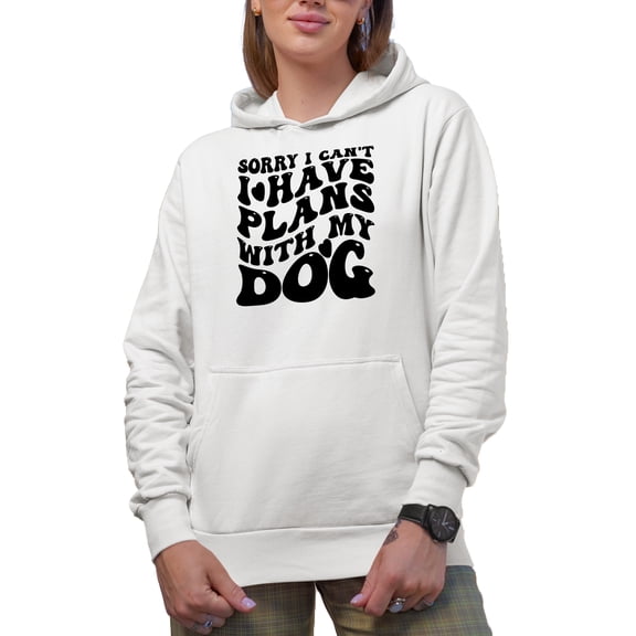 Hilarious Sorry, I Can't, I Have Plans with My Dog Quote, Groovy Retro Wavy Text Merch Gift, White Hooded Sweatshirt or Hoodie, Small