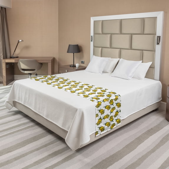 Rose Bed Runner, Computer Graphics of Mustard Toned Burgeoning Flowers English Garden Art, Decorative Accent Bedding Scarf for Hotels Homes and Guestrooms, King, Earth Yellow and White, by Ambesonne