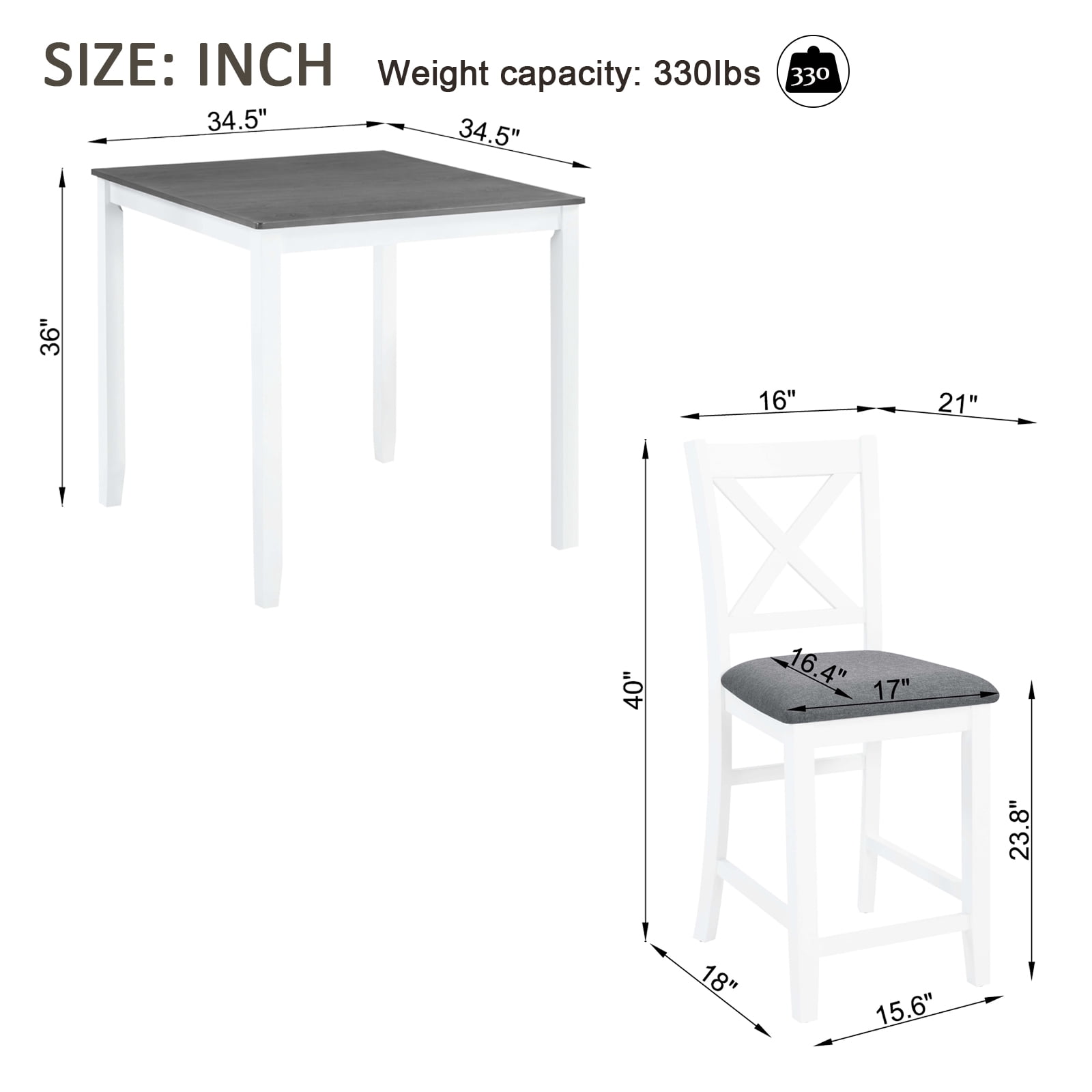 BSHTI 5-Piece Counter Height Dining Table Set – 34.5" Kitchen Square Table with 4 Chairs, X-Back Design, Linen Upholstery 4 Chair Dining Table Set, Solid Wood Frame（Grey+White）