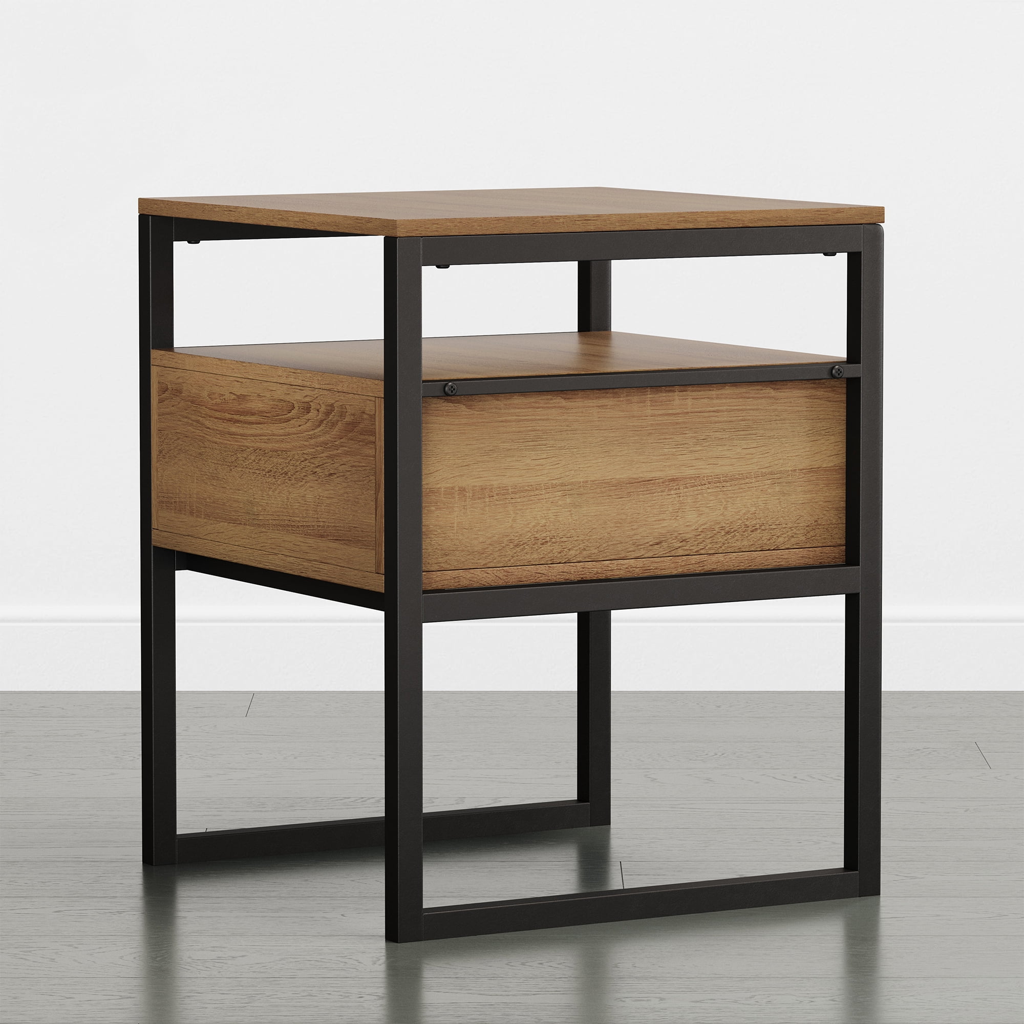 Spruce & Spring Industrial Nightstands Set of 2, End Tables with Metal Frame Base for Bedroom, Walnut
