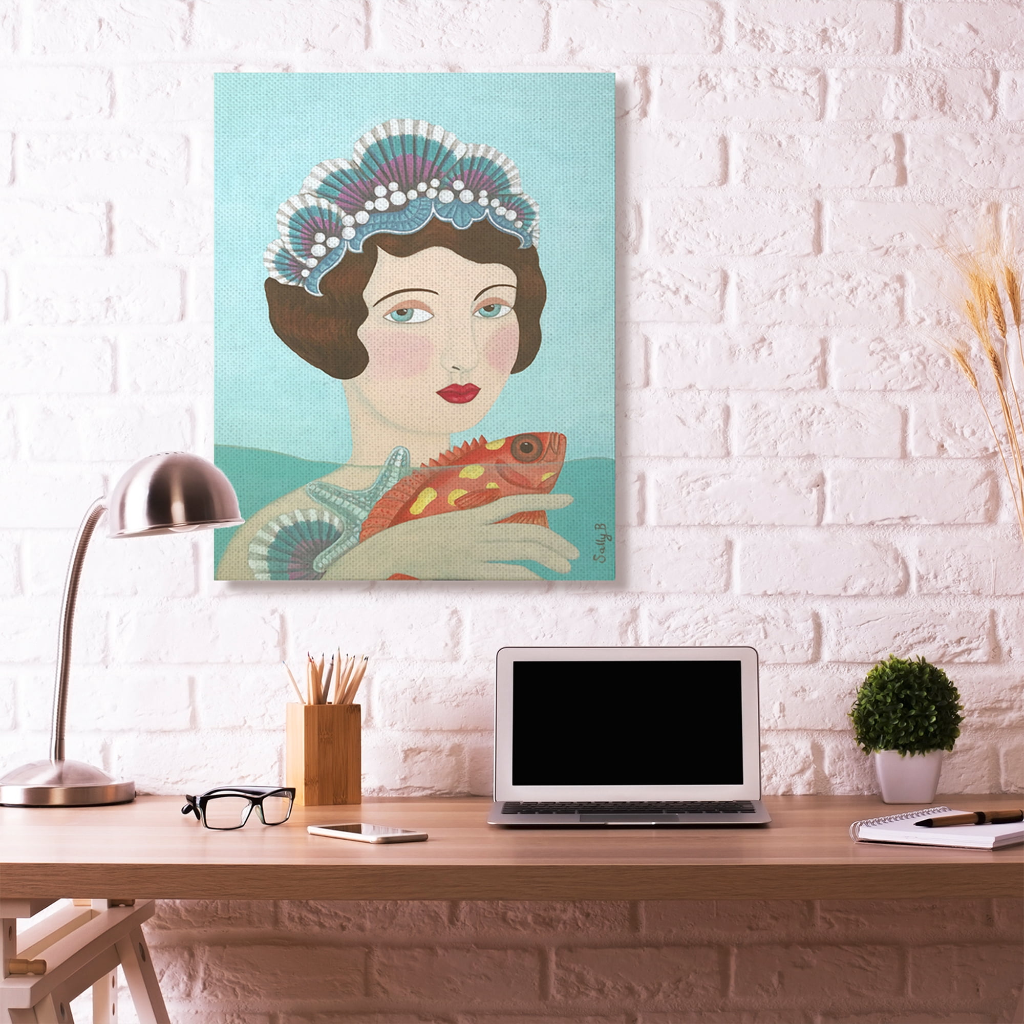 Stupell Home Décor Woman and Fish Blue Animal Painting Canvas Wall Art by Sally B