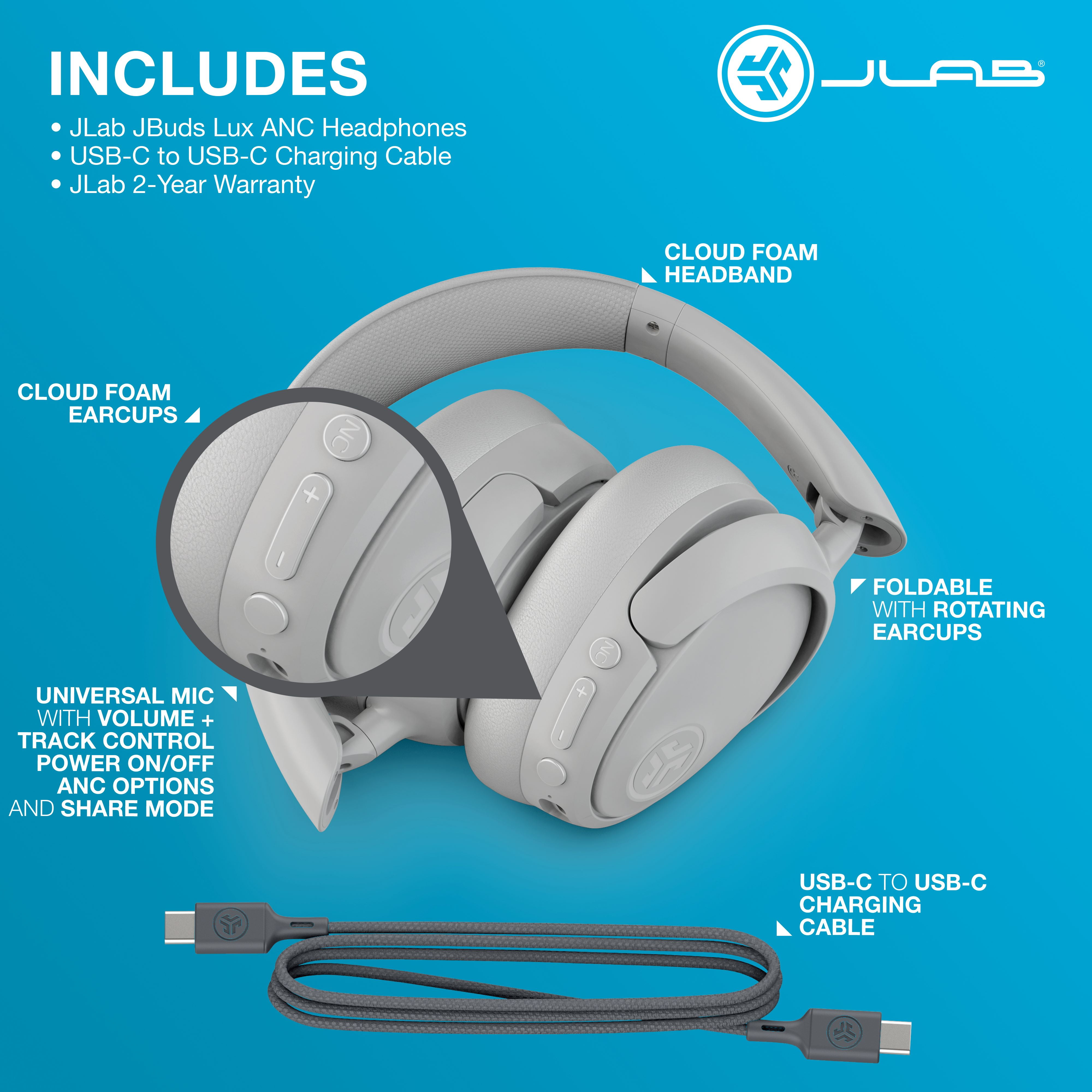 JLab, Bluetooth Headphones, JBuds Lux ANC, Noise Cancellation