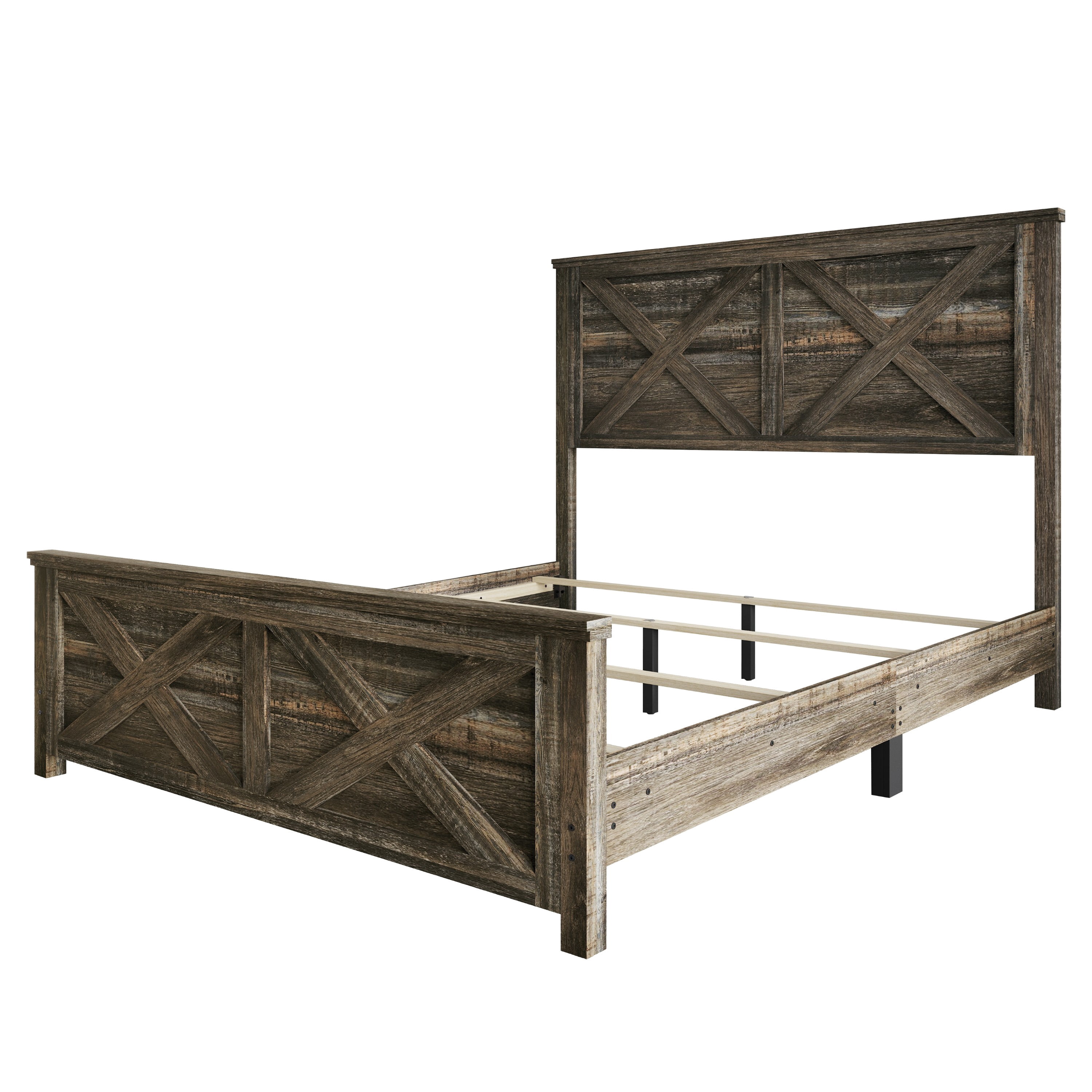 Home Design Niles Full Panel Bed Frame with X-Shaped Panel Design and Rustic Wood Finish, Brown, Easy Assembly