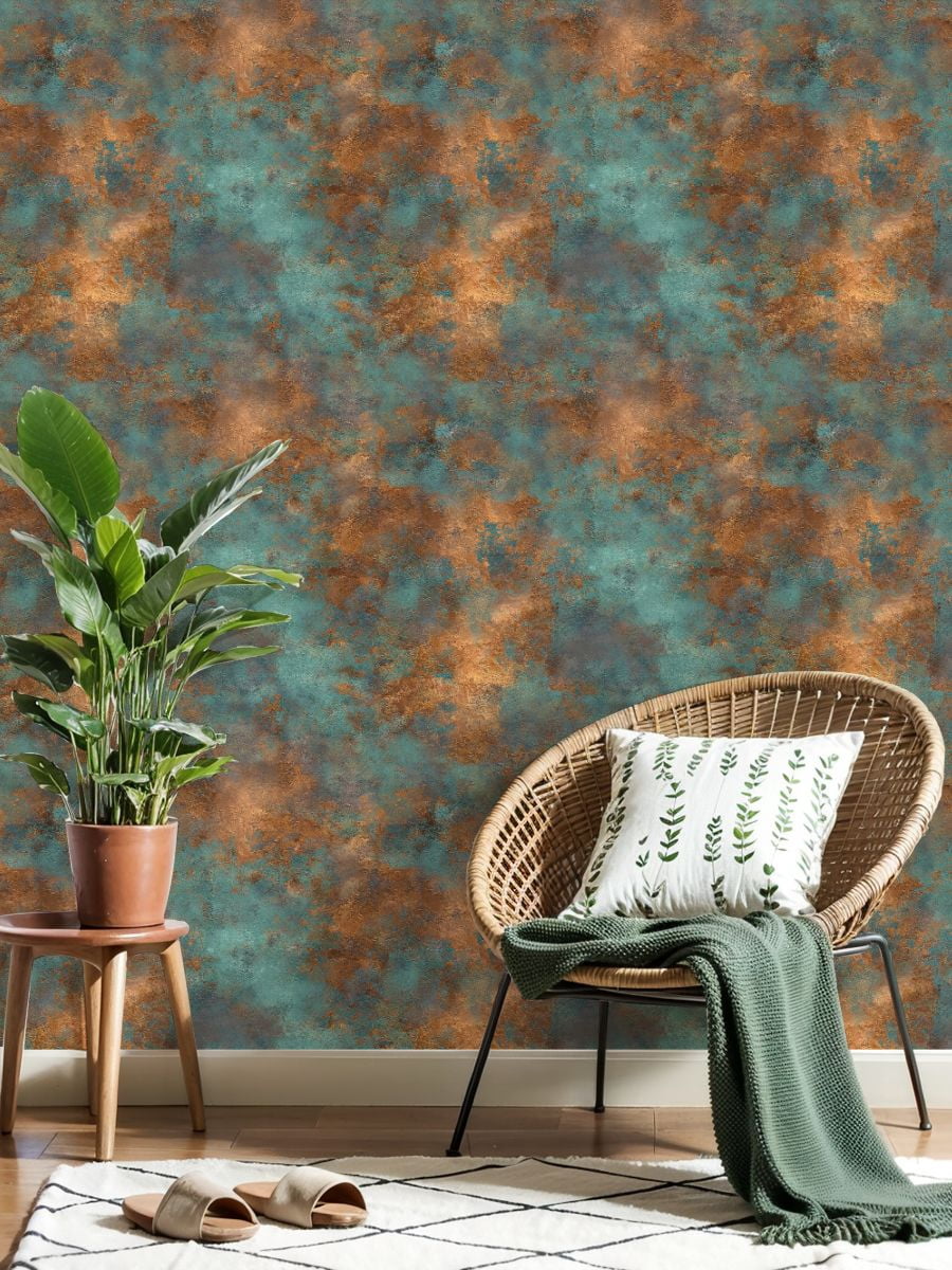 Peel and Stick Wallpaper Abstract Turquoise Copper Metallic Texture Weathered Wall Mural 23.6in x 9.8ft Self Adhesive Removable Wall Paper Renter Friendly Wallpaper for Nursery Bedroom Cabinets