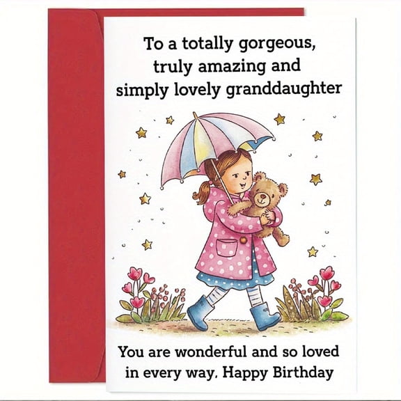 Birthday Card for Granddaughter – Adorable Girl with Umbrella and Teddy Bear – Heartfelt Message Inside – Perfect Gift for Girls on Their Birthday