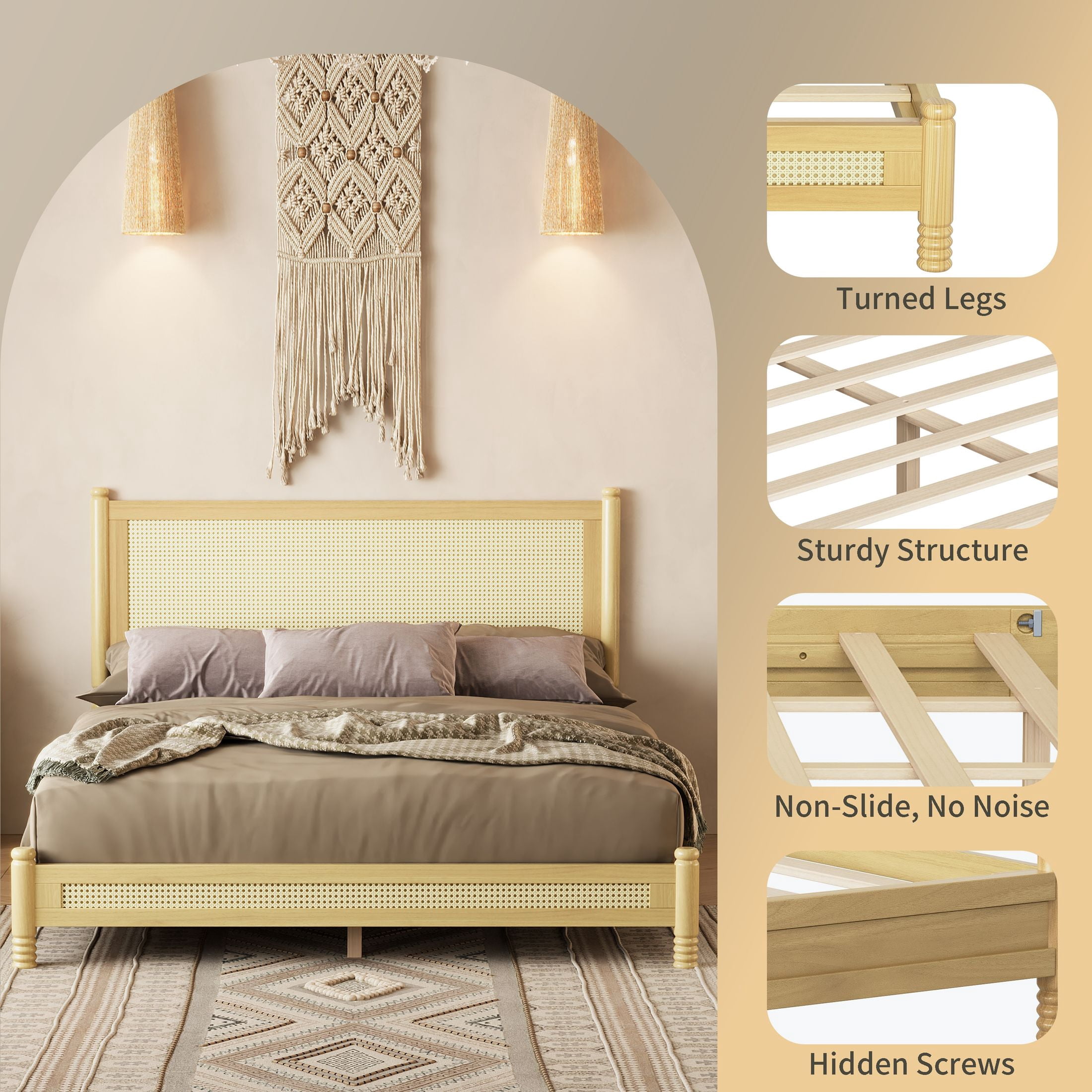 GDF Studio Annes Queen Size Boho Rattan Platform Bed Frame with Turned Legs, Woven Cane Pine Wood Bed Frame, Natural