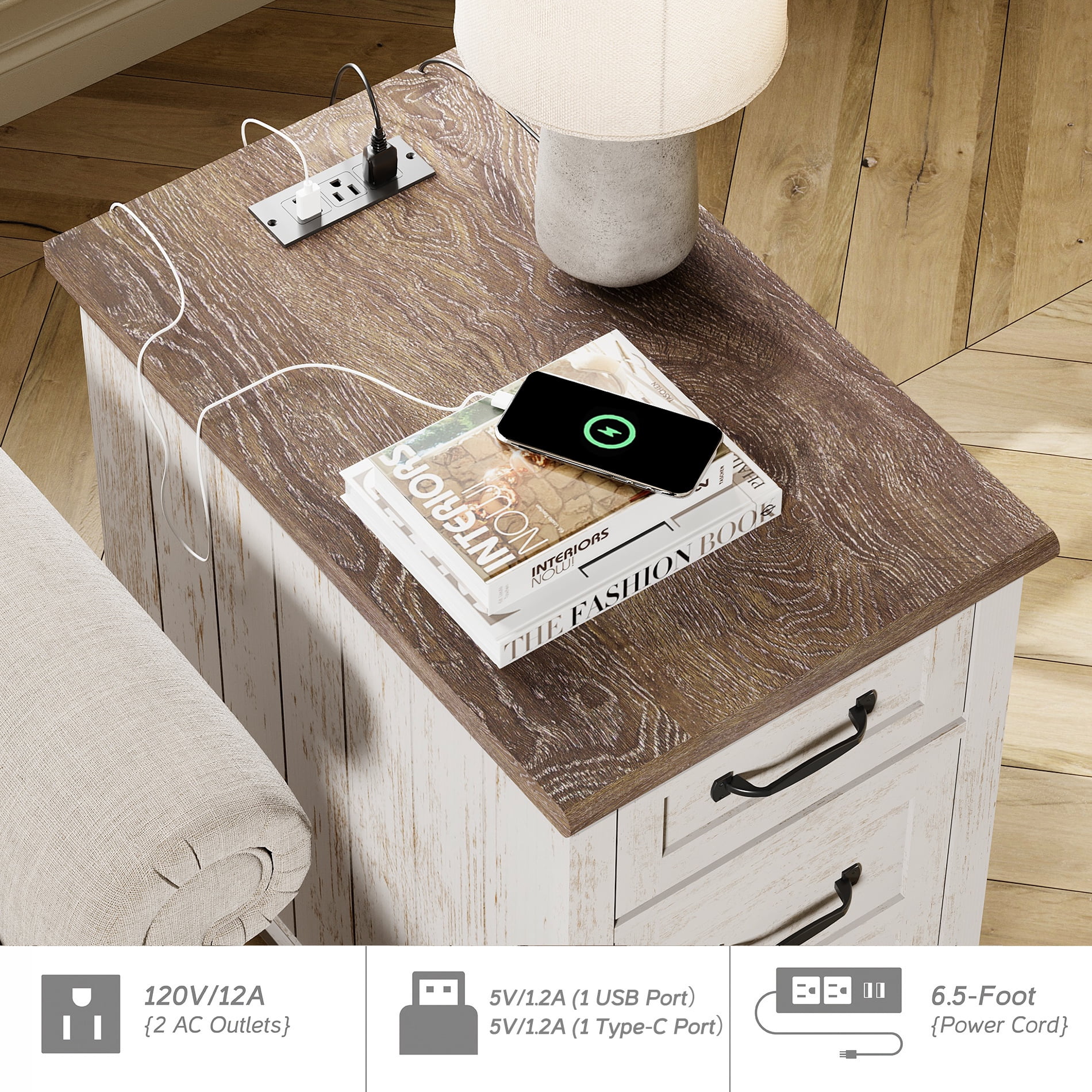 Antique White End Table with Drawer & Cabinet, Wooden Side Table Nightstand with Charging Station for Living Room & Bedroom