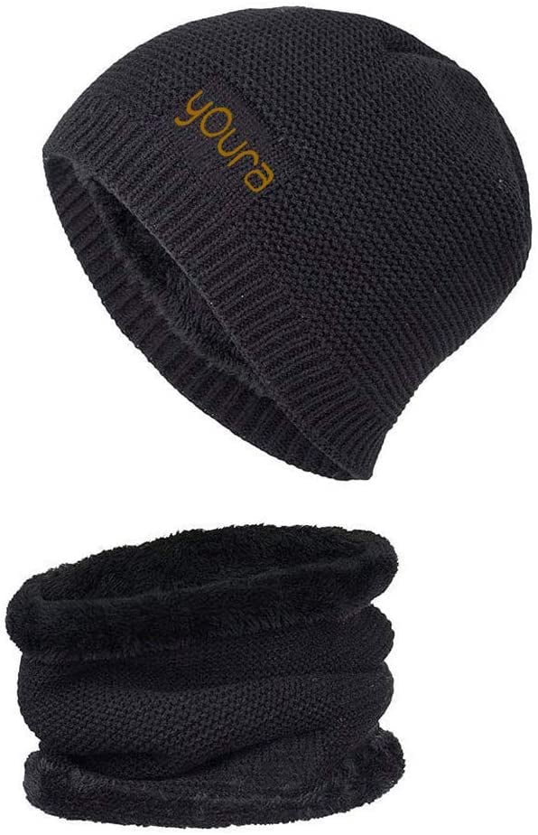 black bobble hat and scarf