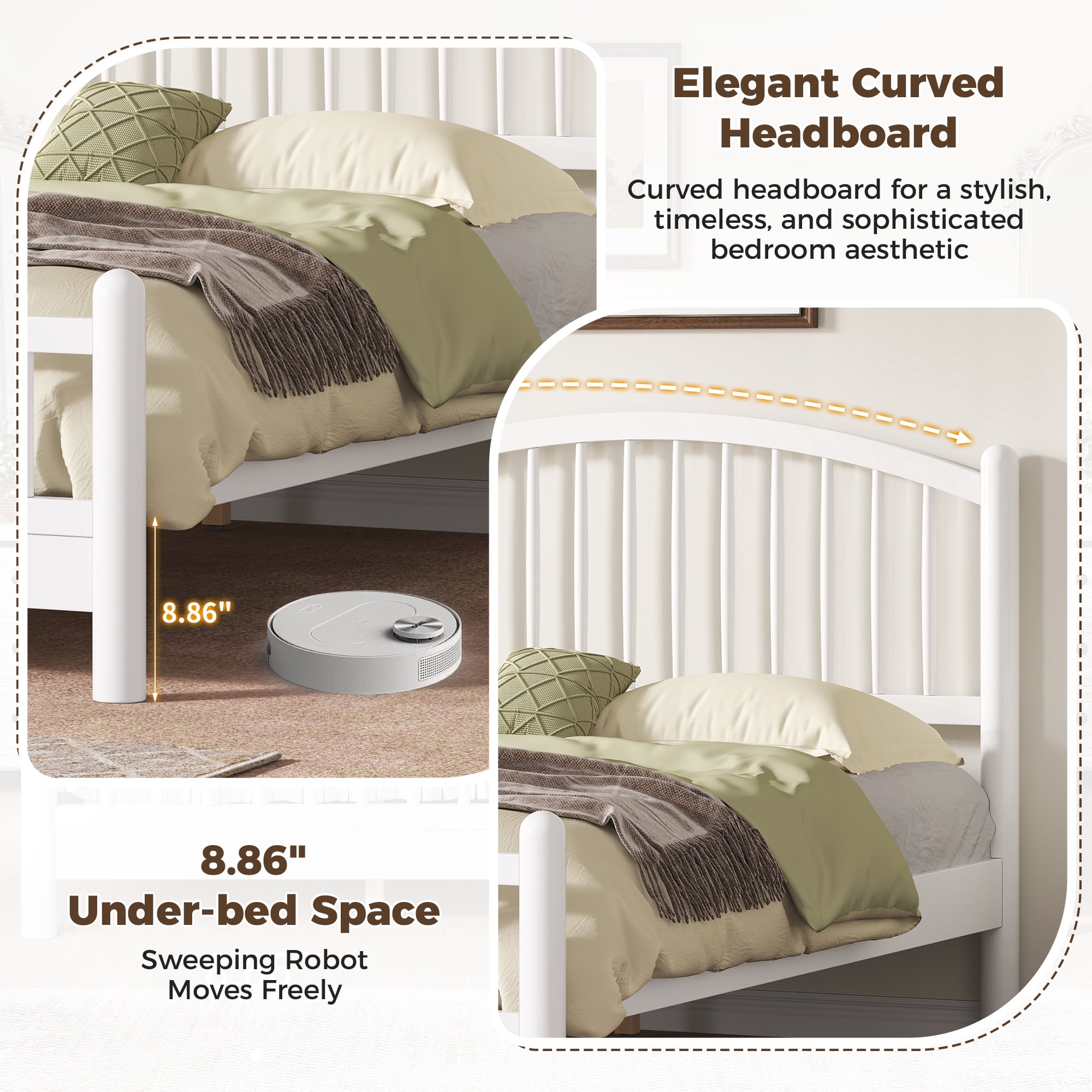 Euroco Full Size Wood Platform Bed with Arched Headboard, No Box Spring Needed, White