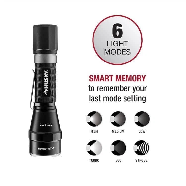 Husky 1800 Lumens Dual Power LED Rechargeable Tactical Focusing Flashlight