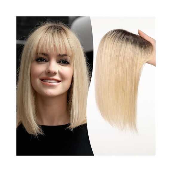 12 Inch Human Hair Topper with Bangs, 10×12CM Lace Base Toppers Hairpieces Straight Clip in Human Hair Toppers for Women with Thinning Hair/Hair Loss
