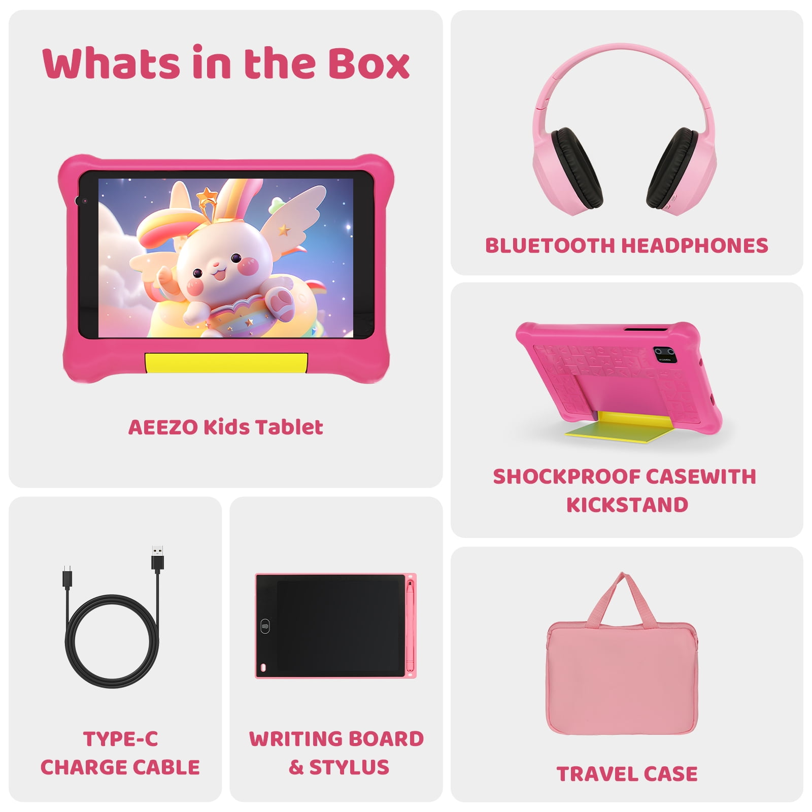 7" Kids Learning Tablet Bundle - Headphones, Stylus & Bag, Pre-Installed & Parental Controls,Android 13 allwinner Go Quad Core, 5GB RAM + 32GB ROM, 128GB Expansion-Pink