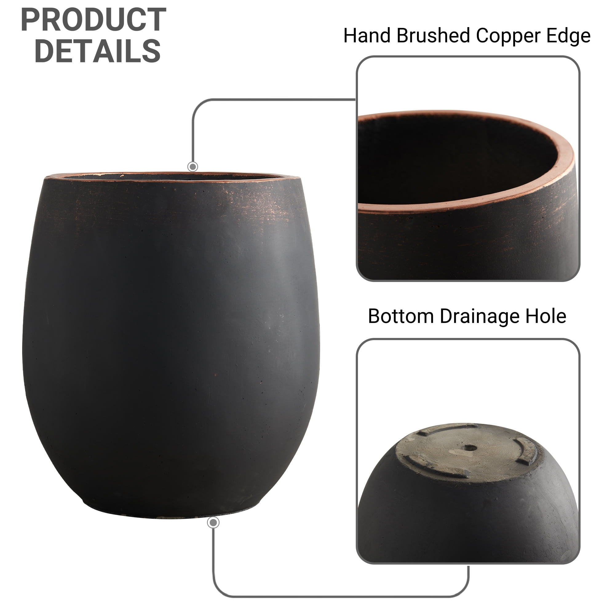 Wallowa 13.39" Dia x 15.35" H Concrete Planter, Outdoor Planter, Black with Gold Rim, Large Flower Pot