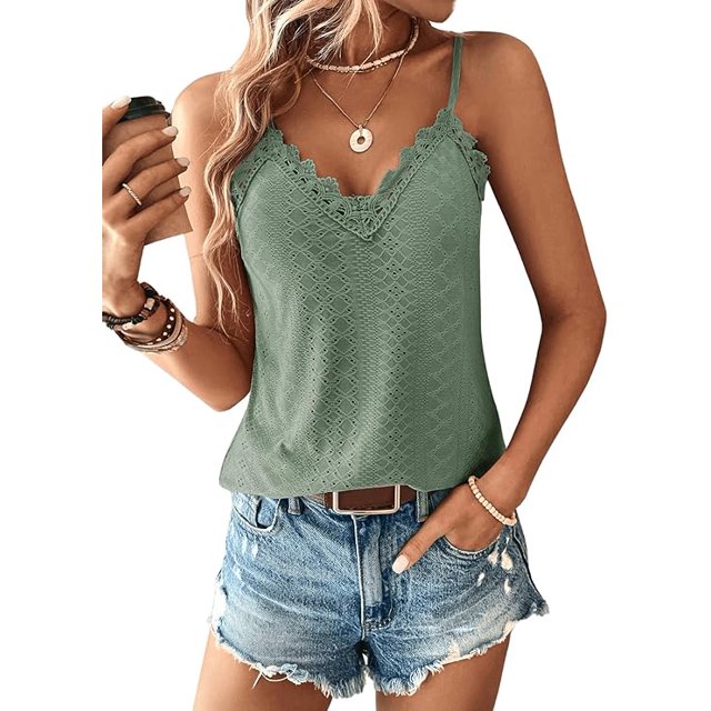 Cami Top con encaje Top de encaje para mujer Top con cuello en V Top con tirantes finos Camisa sexy de verano, M