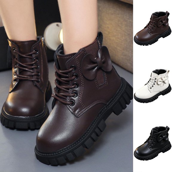 Girls Cute Side‑Bow Short Boots, Lace‑Up Zipper‑Up Leather‑Look Ankle Shoes