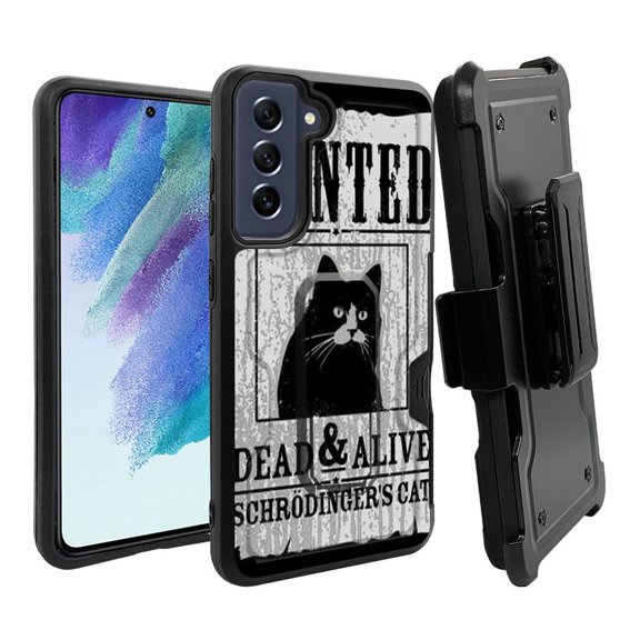 ANJ  Rugged Dual Layer Shockproof Holster Case w/Card Slot, Kickstand   Tempered Glass for Samsung Galaxy S21 FE 5G - Wanted Cat