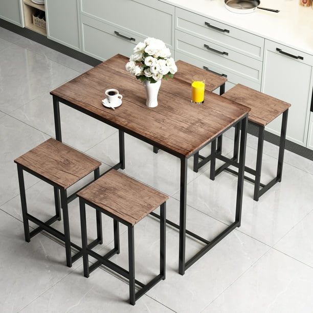 Oaktree Dining Set Dining Room Table Set For 4 Rustic Kitchen Counter Height Pub Table Set With 4 Stools Mdf Top Steel Frame Brown Walmart Com Walmart Com
