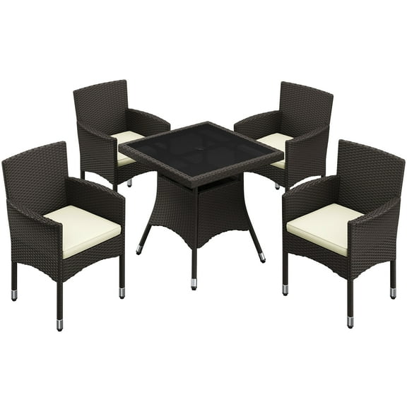 Topeakmart 5-Piece Outdoor Rattan Dining Set with Glass Table & 4 Armchairs, Brown/Beige