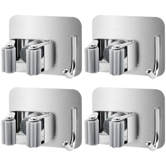 AMERTEER 4Pcs Broom Holder Self Adhesive Stainless Steel Mop Holder Non-Slip Waterproof Wall Mop Organizer with Hook Hanger for Bathroom Kitchen Garden Garage Closet