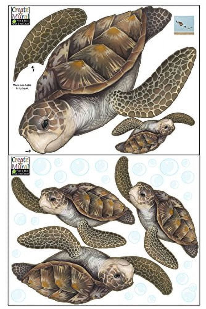 Sea Turtle Wall Decals Family of Ocean Tortoise Room Decor Stickers (5) Turtles 6"-20" and Many Bubbles
