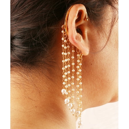 Sunsoul By Touchstone Indian Handcrafted Ear Shape Faux Pearls jewelry Gold Tone Earrings For Women.