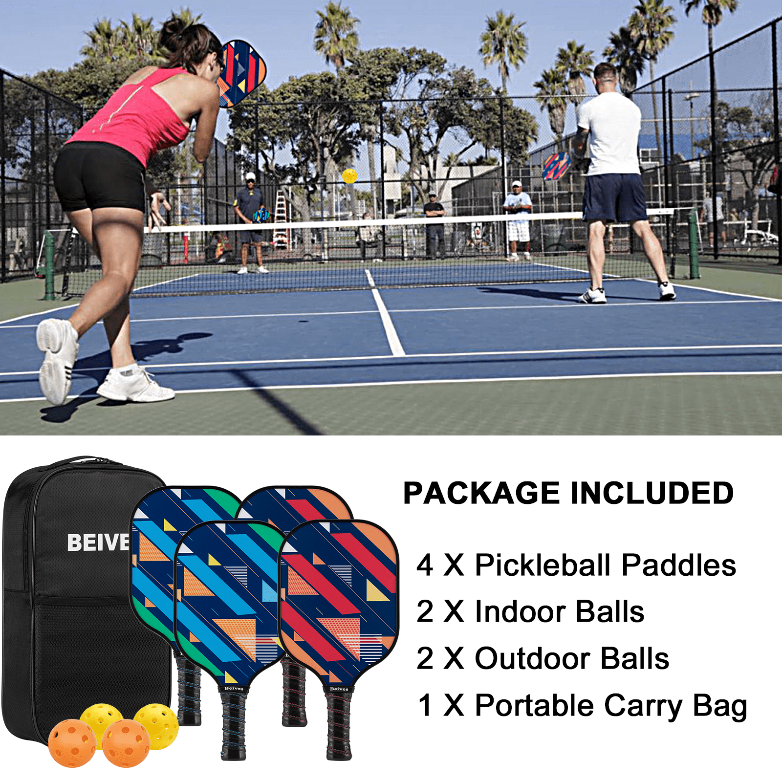 BEIVES Durable Fiberglass Pickleball Paddle 4-Paddle Set - Includes 4 Balls & Carry Bag, Perfect for Family & All Skill Levels