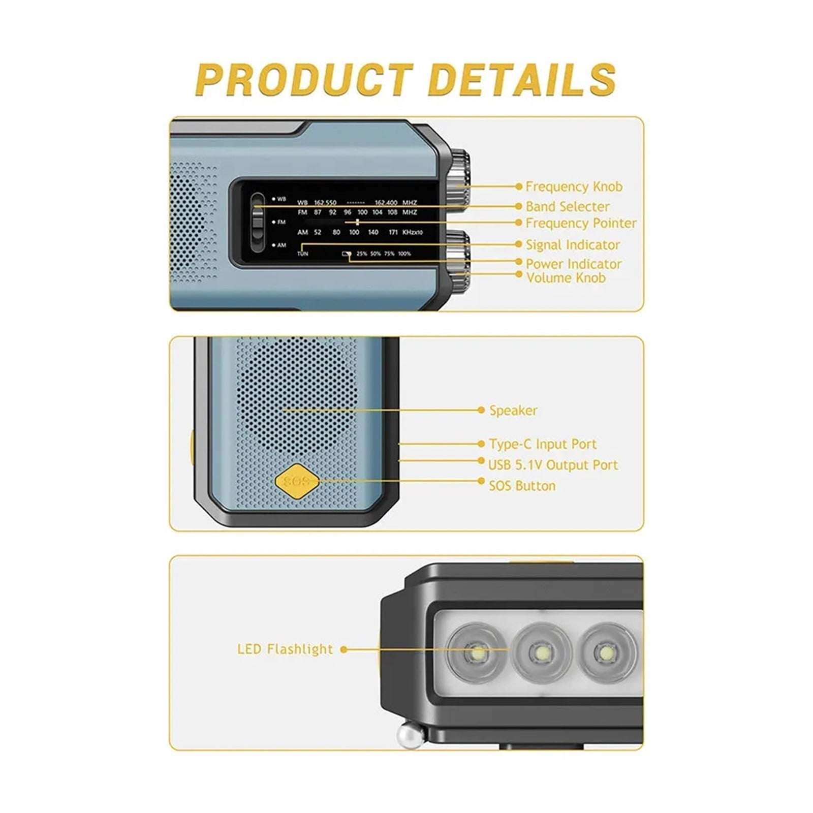 Multifunctional Radio Hand Crank Solar USB Charging FM AM WB 2000mAh Weather Radio Emergency LED Flashlight Torch Power Bank