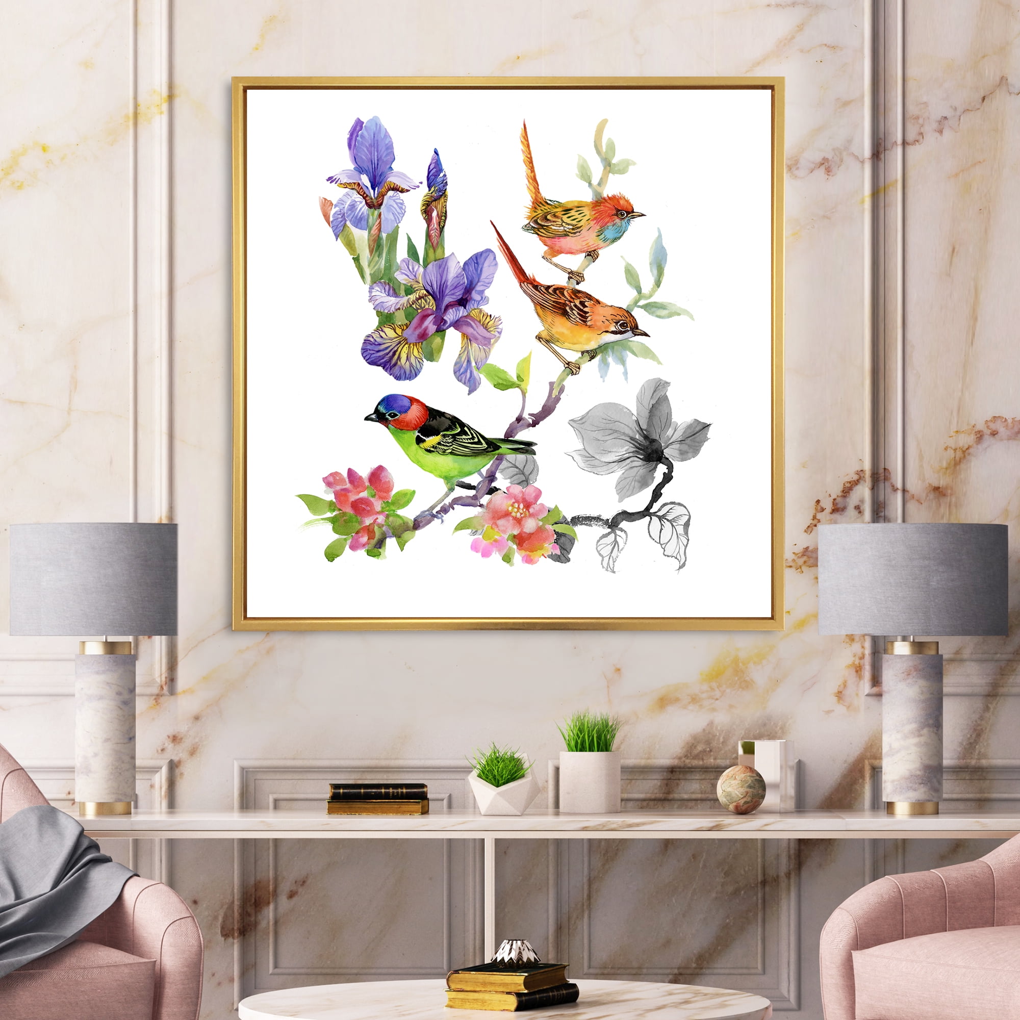 Designart 'Colourful Birds and Tropical Flowers I' Traditional Framed Canvas Wall Art Print