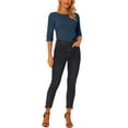 thumbnail image 2 of INSPIRE CHIC Hauts pour Femmes Manches au Coude Encolure Bateau Coupe Ajustée T-Shirt Classique Décontracté TG Bleu Foncé, 2 of 6