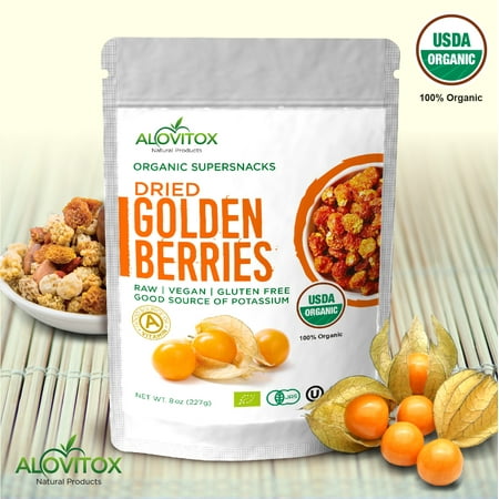 Gluten Free Kosher Fruit - Alovitox Certified Organic Golden Berries Fresh & Raw Vegan Gluten Free Dried Super Fruit 8oz Pouch