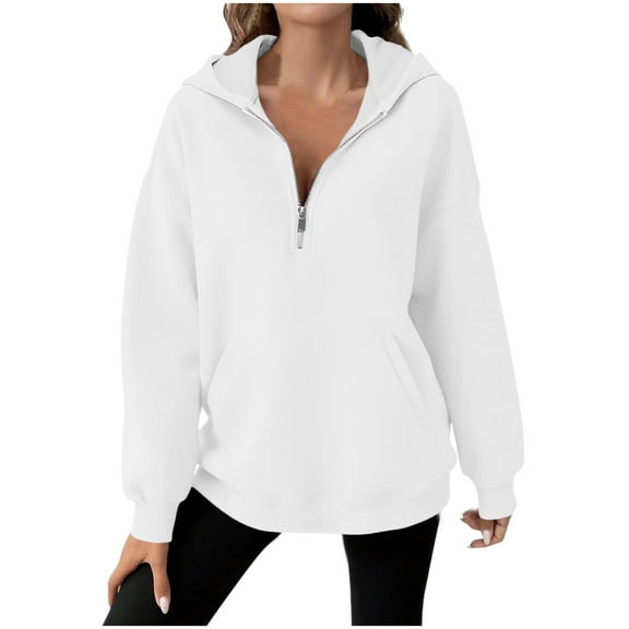 Annhoo Women's Solid Color Quarter Zip Loose Long Sleeve Tunic Blouses Hooded Pocket Casual Tops Trendy Sweatshirts