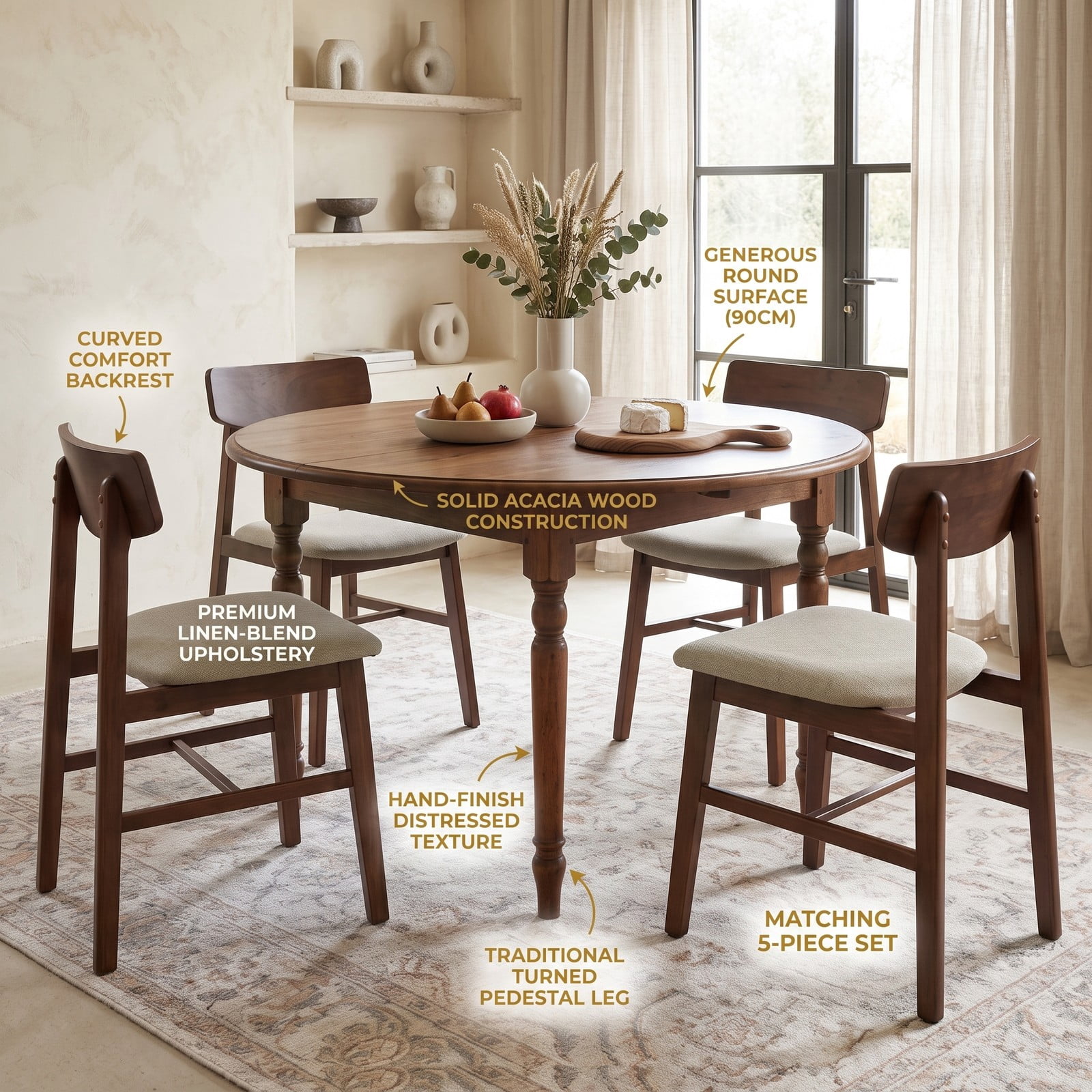 Furnibear Solid Rubber Wood Dining Chairs Set of 4, Mid-Century Modern Upholstered Kitchen Side Chairs with Curved Backrest, Linen Fabric Padded Seat, Walnut & Gray