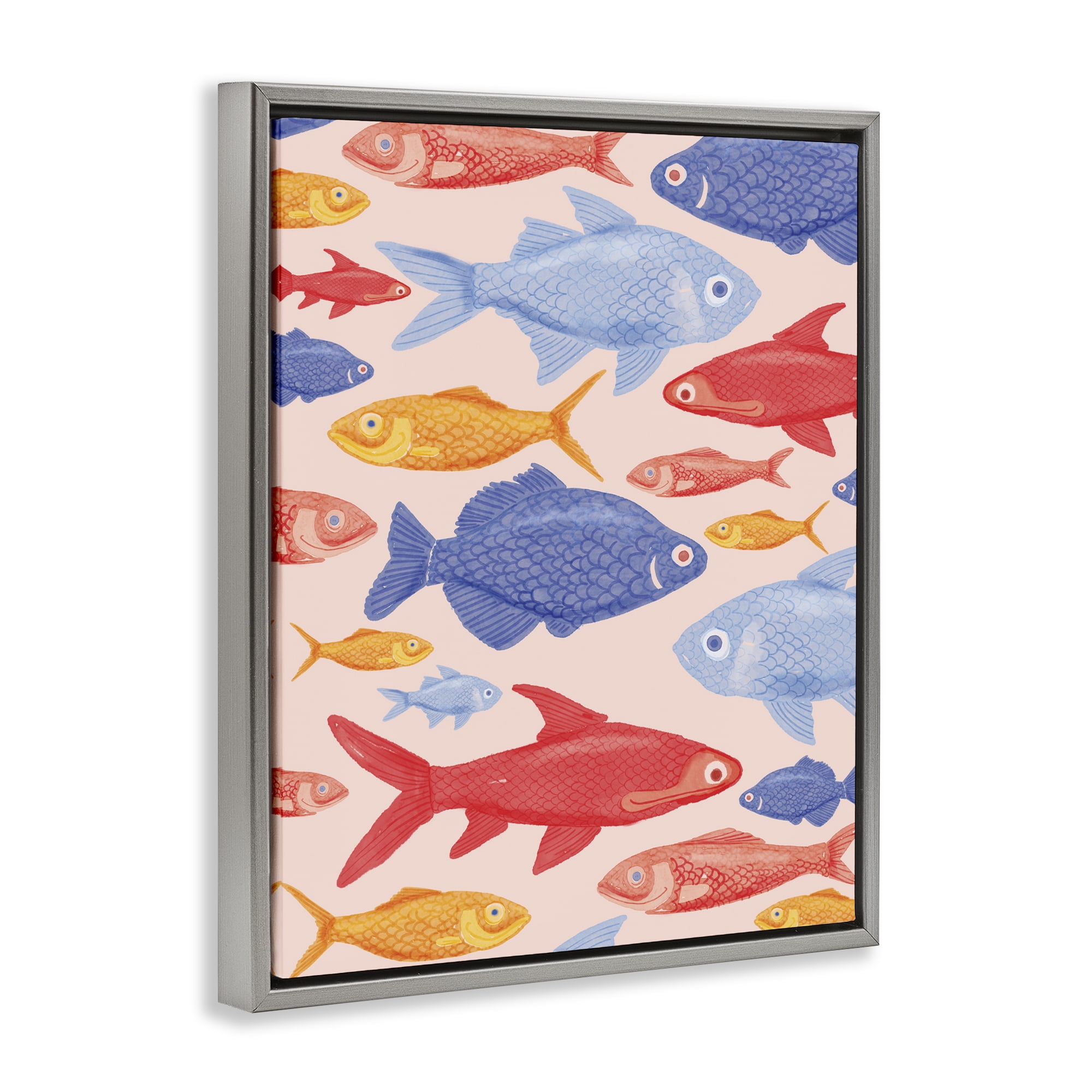 Stupell Industries Red Yellow and Blue Fish Gray Framed Floater Canvas Wall Art, design by The Paper Curator