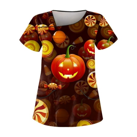 

HHei_K teal scrubs for women Women s Casual Printed Short Sleeve Workwear With Double Pocket Top