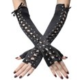thumbnail image 1 of Guantes con cordones sin dedos para Halloween, accesorio calentador de manos largo y negro con cordones de satén negro para vestir, 1 of 5