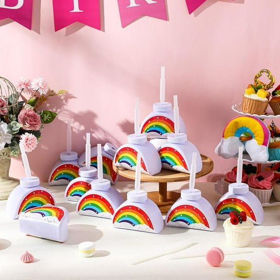 24 Pack Kids Rainbow Cups with Lids and Straws - 10 oz Plastic Reusable Party Favor Tumblers for Birthday, Baby Shower, Kindergarten, Child, School, Back to School Decorations and Gifts